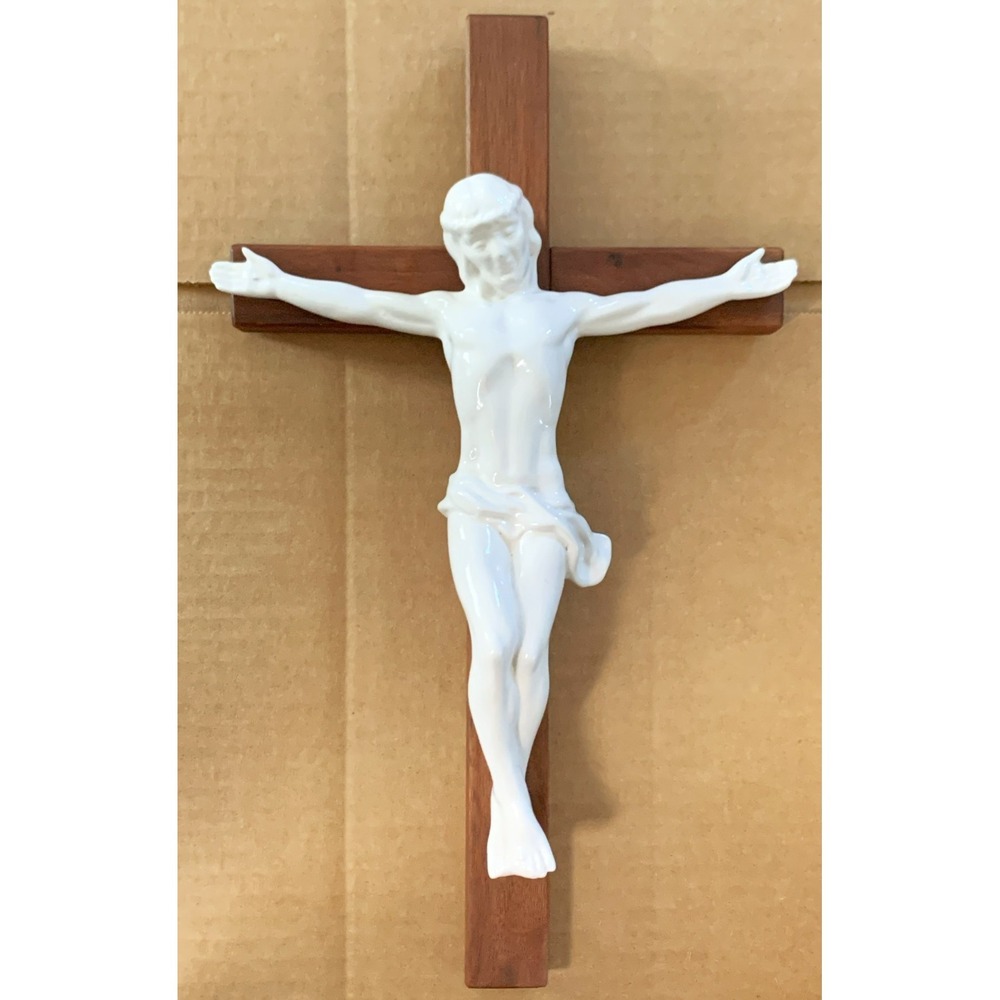 Wall Crucifix MCM Modern Minimalist Walnut Wood w White Ceramic Christ Jesus 14"